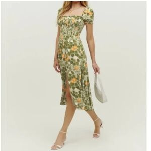 Reformation Inka A-line Slit Floral Green and Orange Midi Dress